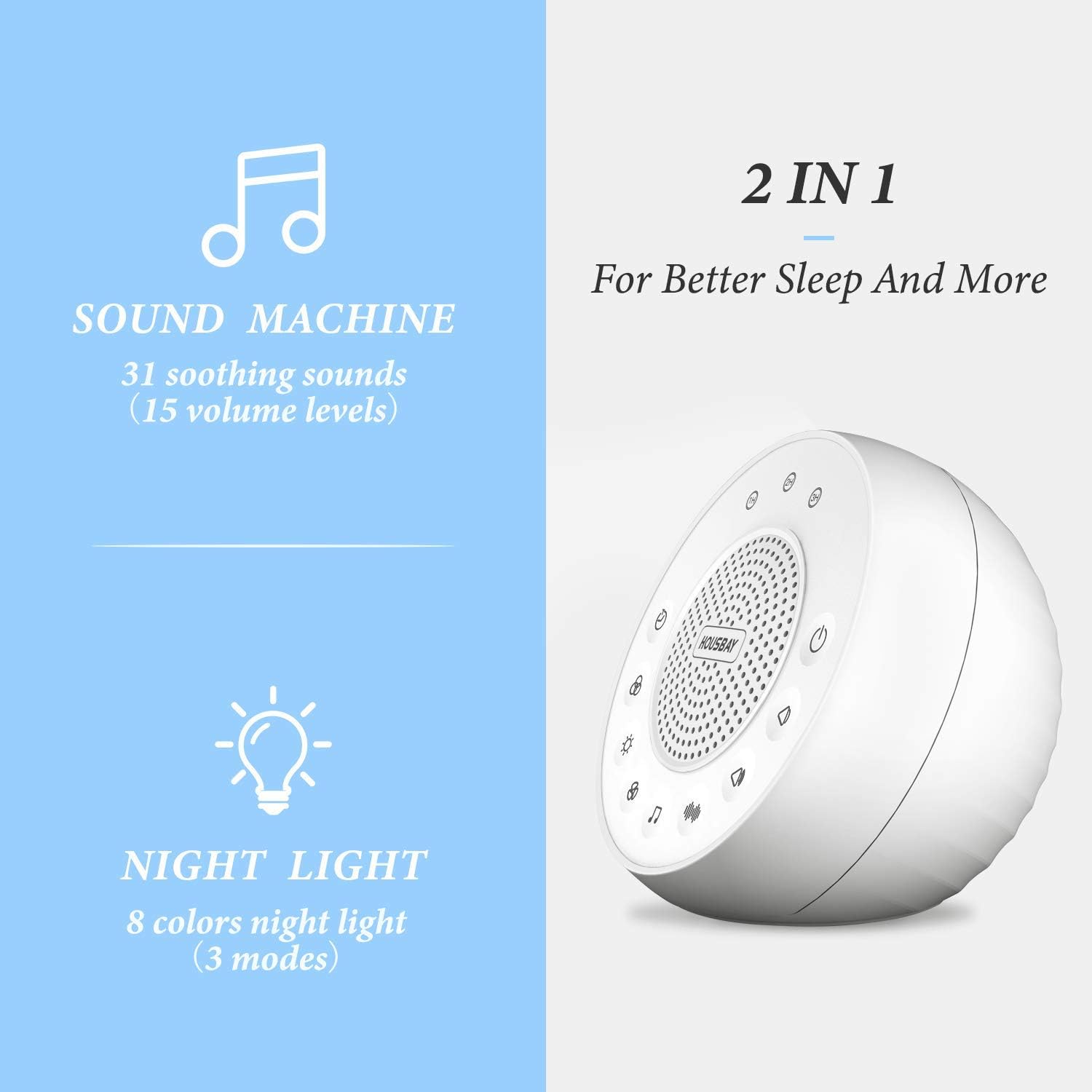 Housbay Glows White Noise Sound Machine - Night Light for Baby, Kids, 31 Soothing Sounds for Sleeping, Relaxation - Sleep Machine for Adults, Baby: Health & Personal Care