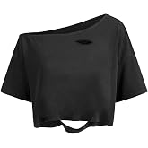 Remidoo Women's Off the Shoulder Graphic Crop Top Tee Half Sleeve Loose Fit T Shirt