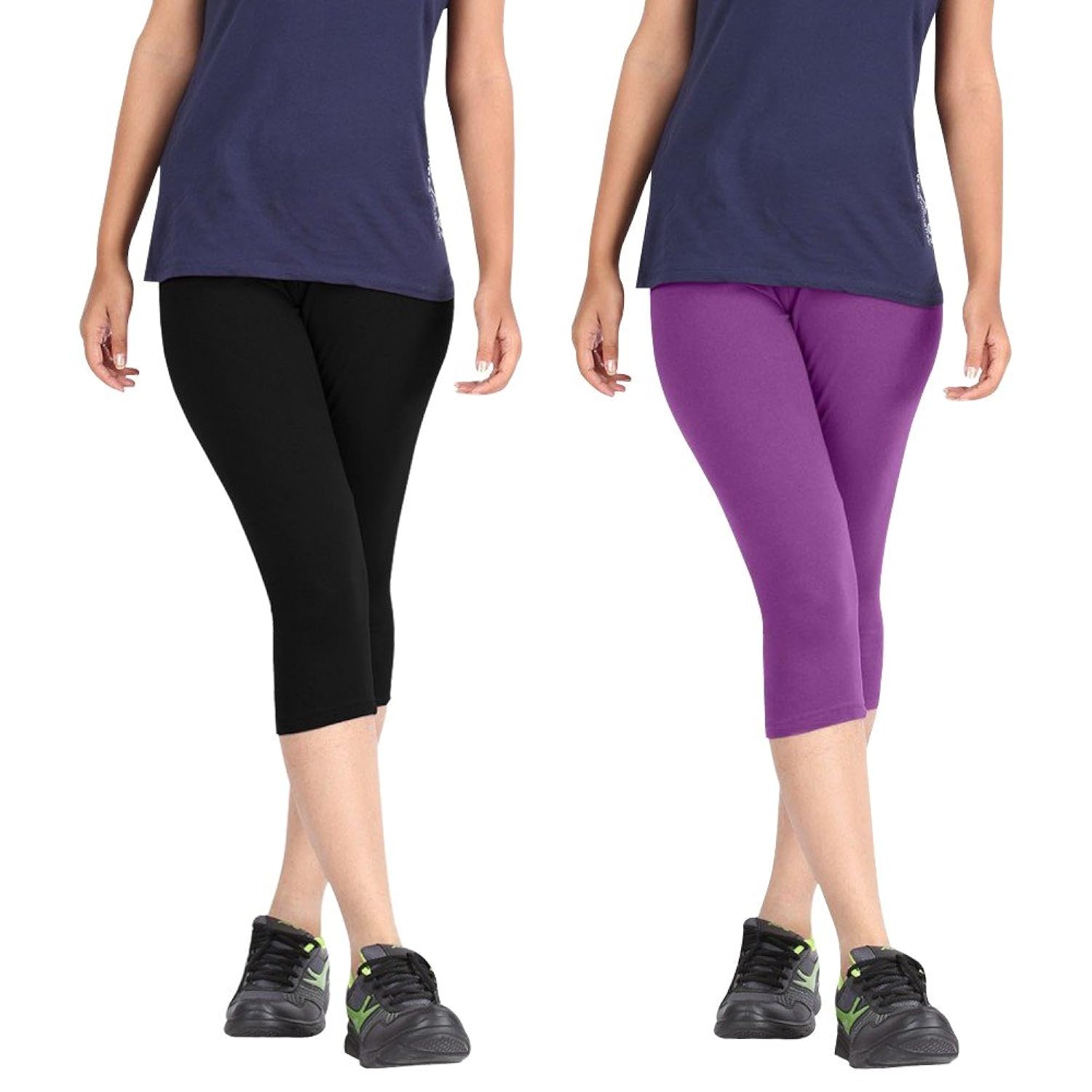 fablab women cotton lycra capri, pack of 2 (black and purple) - free size