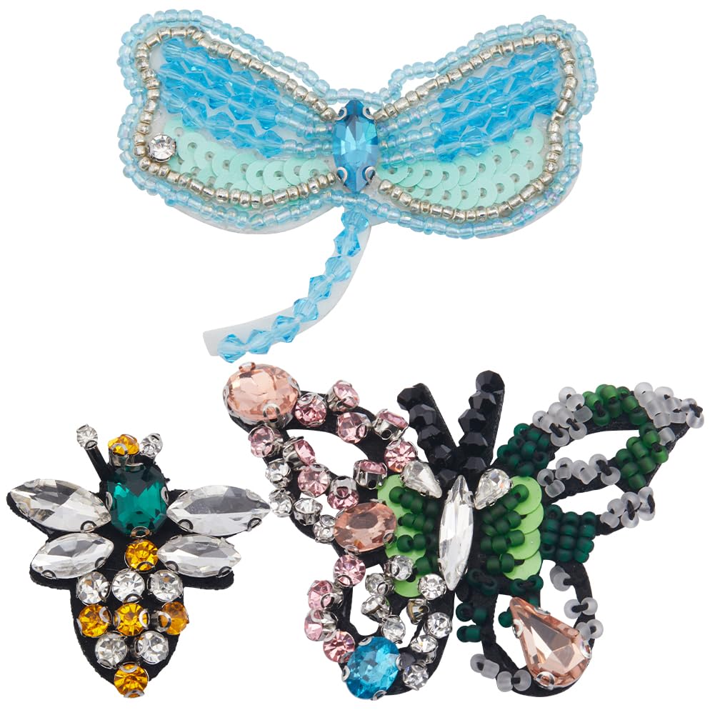 GORGECRAFT 3 Styles Rhinestone Beaded Applique Crystal Sequins Animal Bees Dragonfly Butterfly Decorative Sew on Embroidery Patches Appliques for DIY Craft Party Dress Costume Jeans Shoes Bag Decor