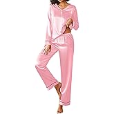 Ekouaer Silk Pajama for Women Long Sleeve Satin Pj Set Two Piece Soft Sleepwear Loungewear S-XXL