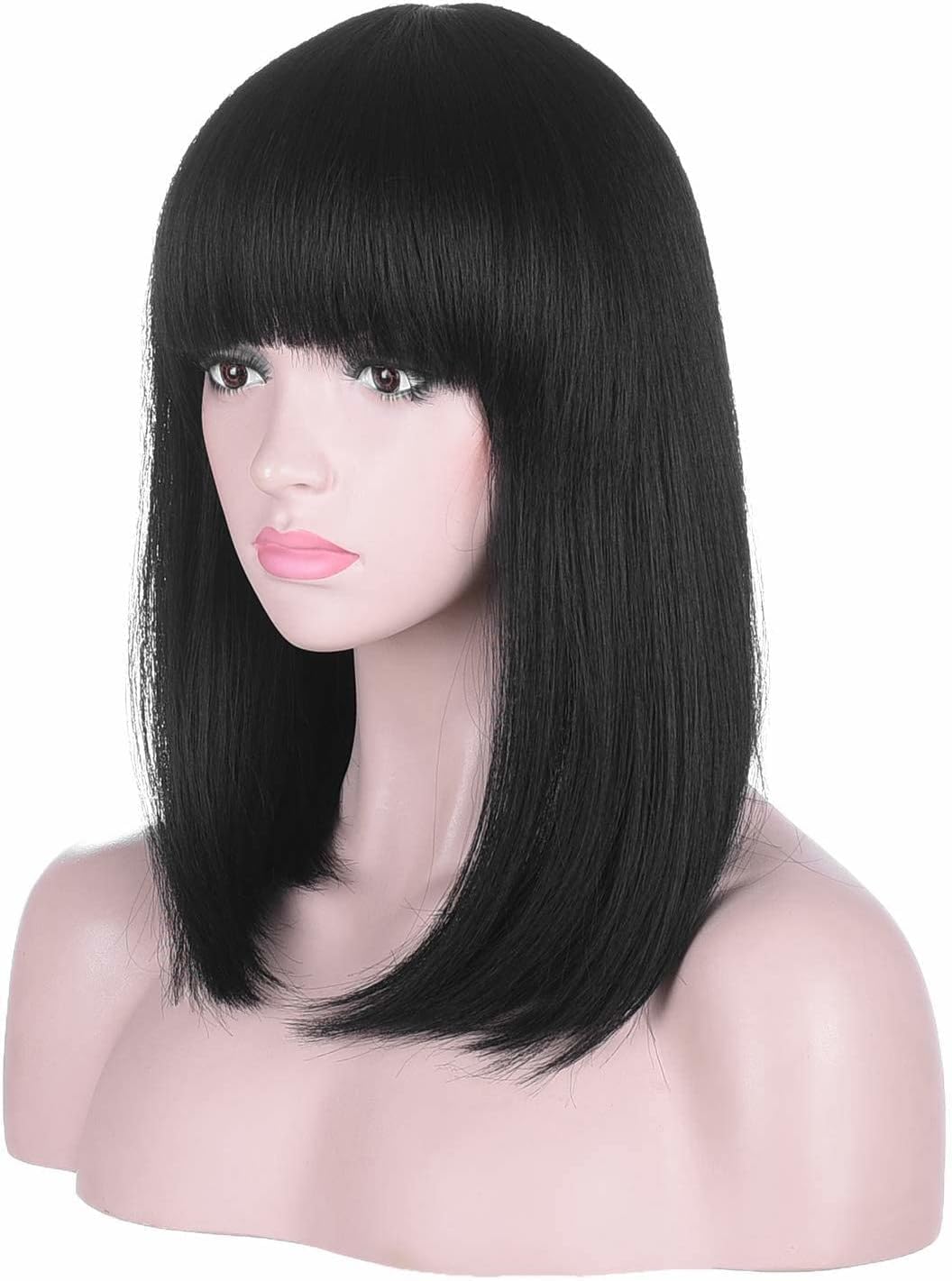PORSMEER Long Hair Black Wig with Fringe for Women Black Cleopatra Wig Egyptian Queen Wig Natural Straight Bob Synthetic Hair 16 Inches,Halloween Movie Costume Wig