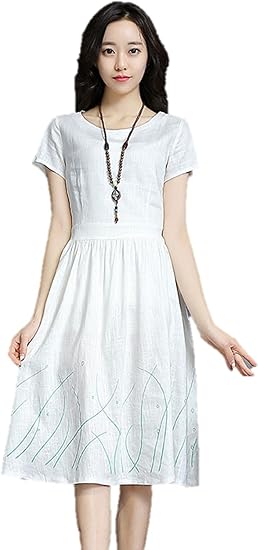 Amazon 春夏 レディース ワンピース ナチュラル系 綿麻 半袖 シンプル きれいめ カジュアル 清楚 上品 膝下丈 ミモレ丈 結婚式 二次会 通気性 ラウンドネック K7930 L ホワイト パーティードレス 通販