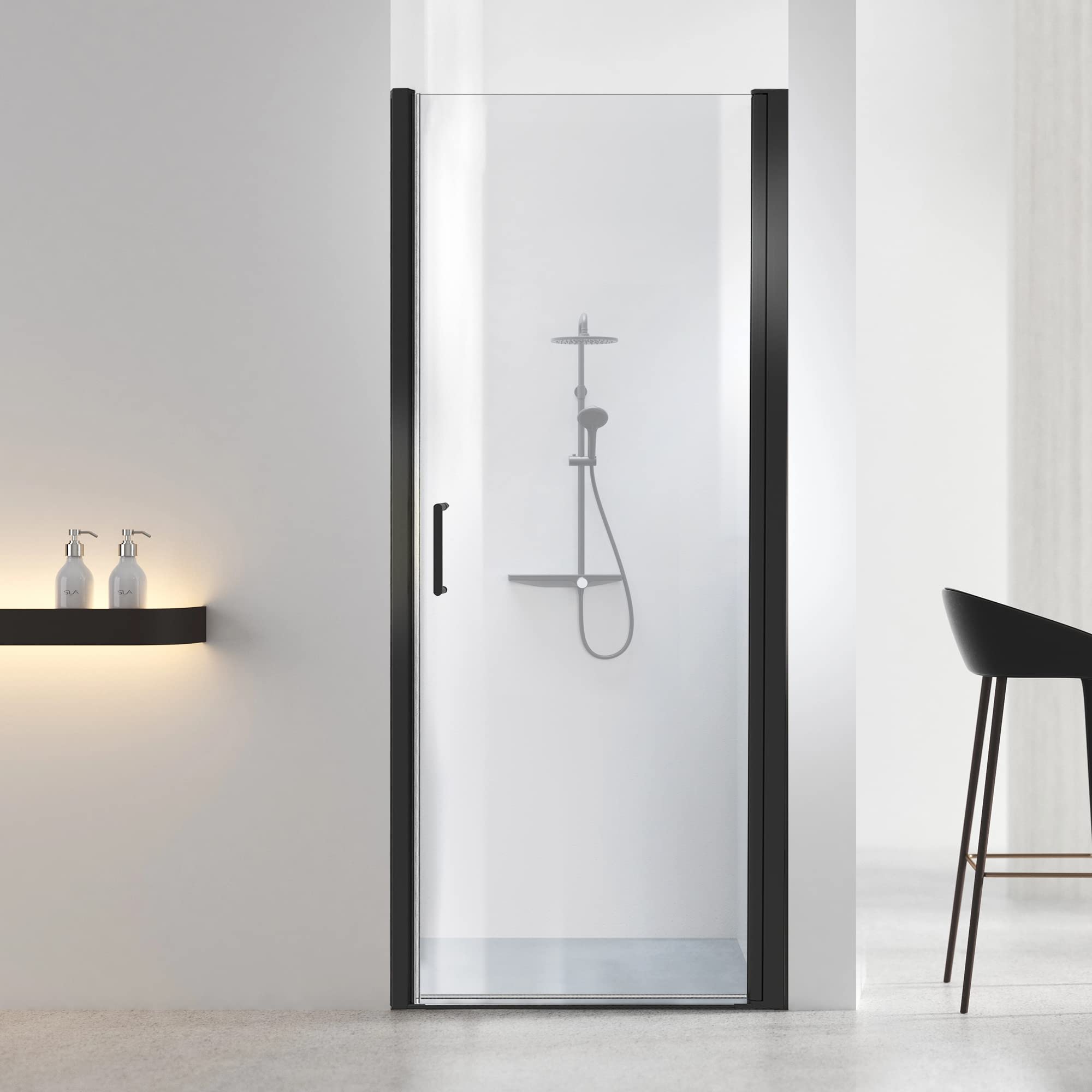 Photo 1 of Bathroom Shower Door, Frameless Tempered Glass Shower Door, 34”W x 72”H Shower Panel, H-Type Single Shower Swing Door, Matte Black Finish with Handle