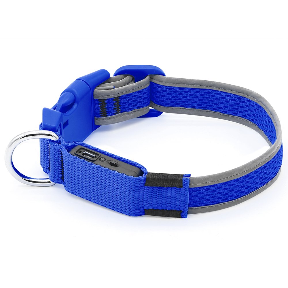 Ezier LED Dog Collar, USB Rechargeable Glowing Led Pet Collars, Comfortable Mesh Reflective Light Up Collars for Large Dogs (L, Blue)