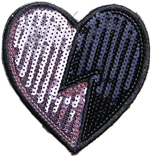 5" Pink Black Heart Sparkly Sequin Shine Shiny Patch Sew Iron on Embroidered Applique Craft Handmade Baby Kid Girl Women Sexy Lady Hip Hop Cloths DIY Costume