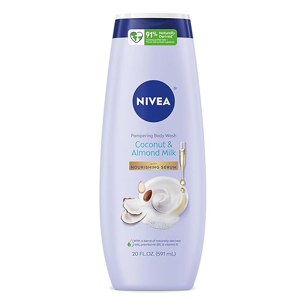 NIVEA PAMPERING COCONUT AND ALMOND MILK BODY WASH WITH NOURISHING SERUM, MOISTURIZING BODY WASH FOR WOMEN, ENRICHED WITH PROVITAMIN B5 AND VITAMIN E, 20 FL OZ BOTTLE