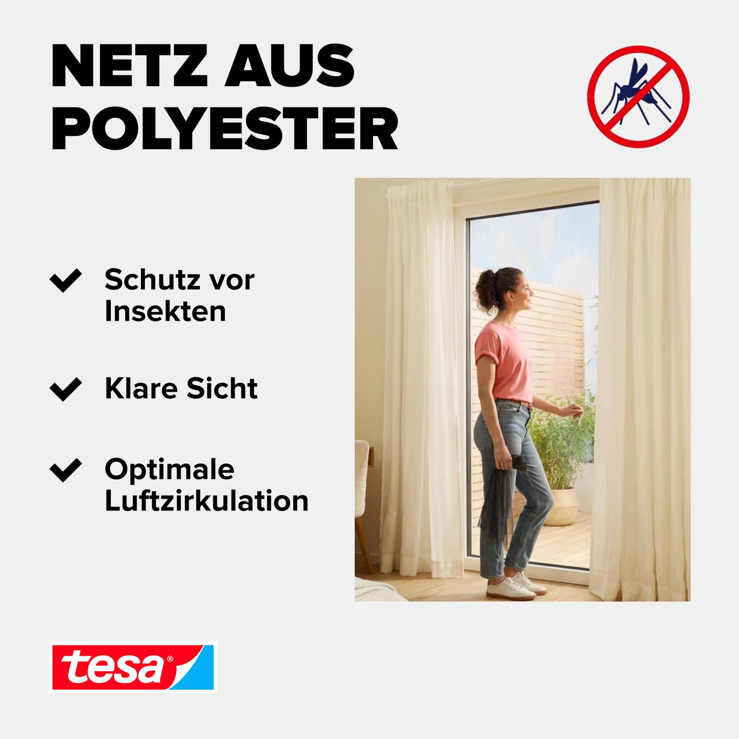 tesa INSECT STOP Klett Fliegengitter Premium für Fenster, Insektenschutz mit starkem Klettband, rückstandsfrei entfernbar, zuschneidbar, ohne Bohren - 120 cm x 240 cm - Anthrazit (Durchsichtig) 6