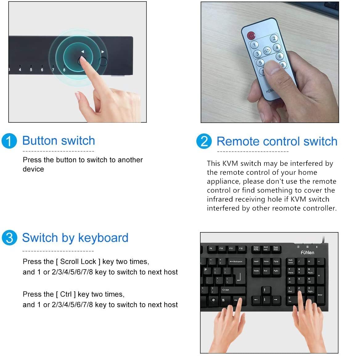 HDMI KVM Switch, 8 in 1 Out USB 2.0 HDMI KVM Switcher Box Support 4K@30Hz for 8 PC Share Keyboard and Mouse, Compatible with Windows/Linux/Mac System etc