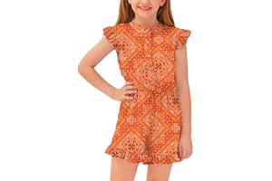 BesserBay Girl's Summer Ruffled Flutter-Sleeve Jumpsuit Button Down Crewneck Romper 5-14 Years