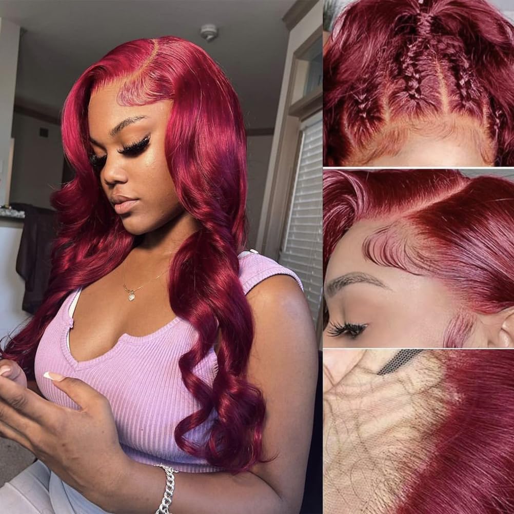 HEFABRIGHT 13x4 HD Lace Front Wigs Human Hair Pre Plucked 99j Burgundy Body Wave Glueless Lace Front Wigs Human Hair Wigs for Women with Baby Hair 180 Density 26 Inch