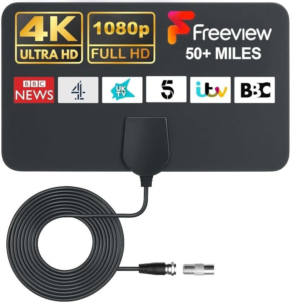GLOBAL TECH TV Aerial Indoor 50 Miles HD Ultra Thin 13ft Cable Freeview