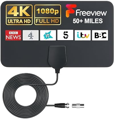 GLOBAL TECH TV Aerial Indoor 50 Miles HD Ultra Thin 13ft Cable Freeview
