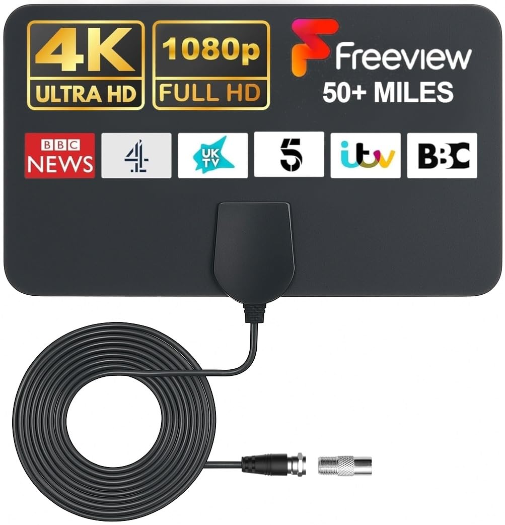GLOBAL TECH TV Aerial Indoor - Digital TV Ariels Indoor 50 Miles HD TV Antenna for Freeview Channels - Ultra Thin TV Aerial for Stronger Signal with 13 FT Long Cable
