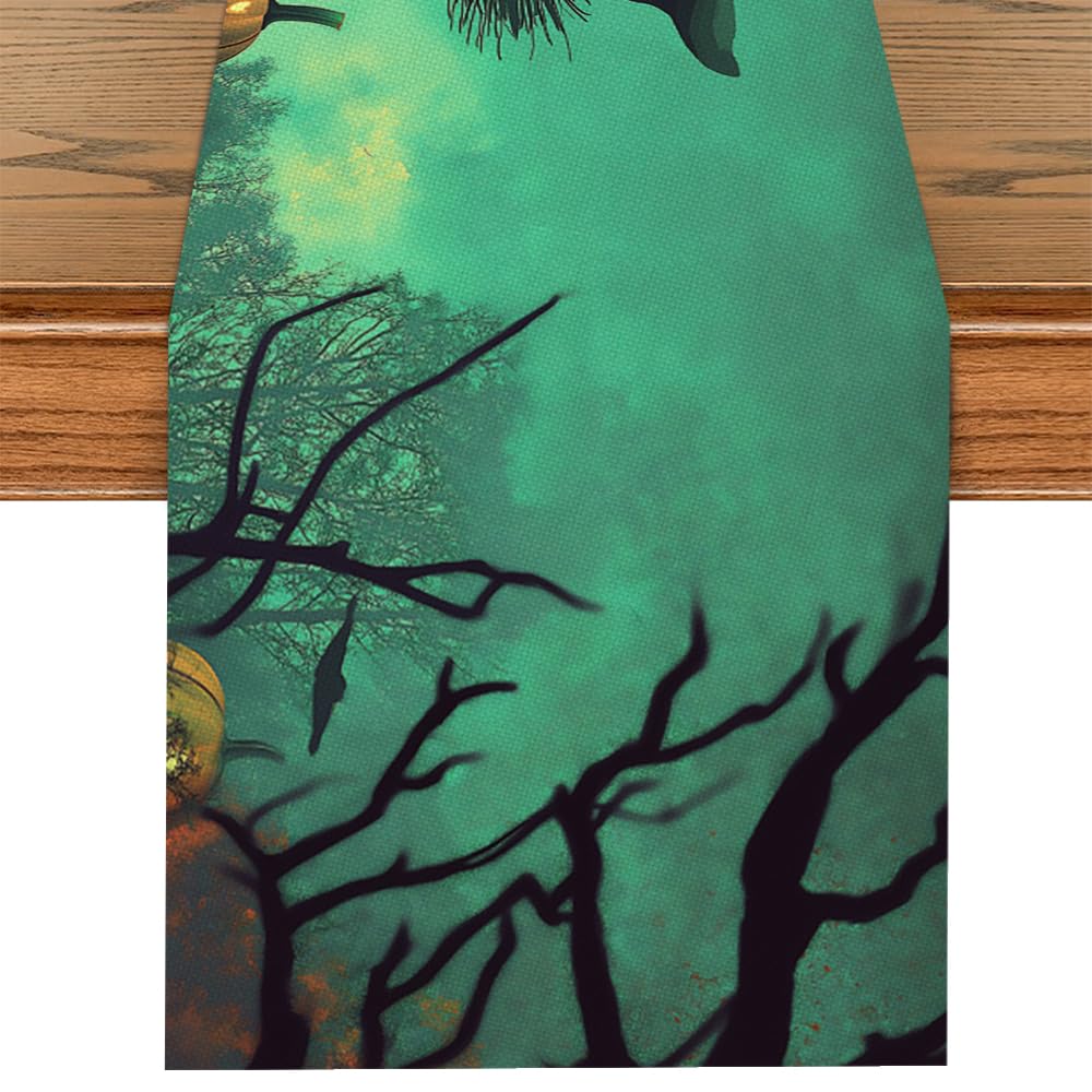 Photo 1 of ANNA QUEEN Halloween Table Runner 13x72 Inch, Witch Flying on Broom, Bats, Full Moon & Pumpkin Design, Spooky Table Decoration for Halloween Party, Dining Table, Fireplace, and Home Decor