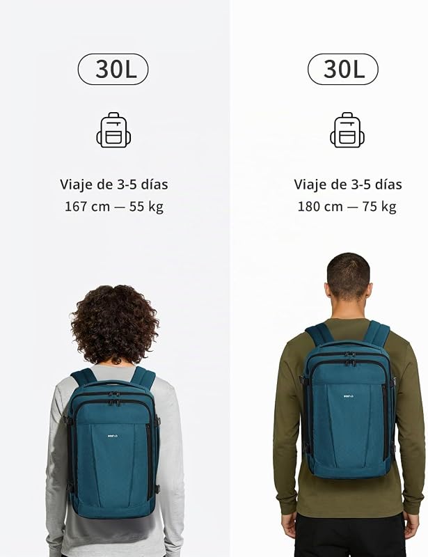 Mochila de 30L 45x36x20 Easyjet, mochila de viagem com avião de cabine com 13 bolísillos, mochila debaixo do assento, mala de viagem reciclada por PET para homens e mulheres, patenteada (azul, verde)