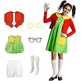 Cuzeolin La Chilindrina Costume Dress for Women Green Dress Red Knit Cardigan Shorts Glasses Halloween Cosplay Outfit