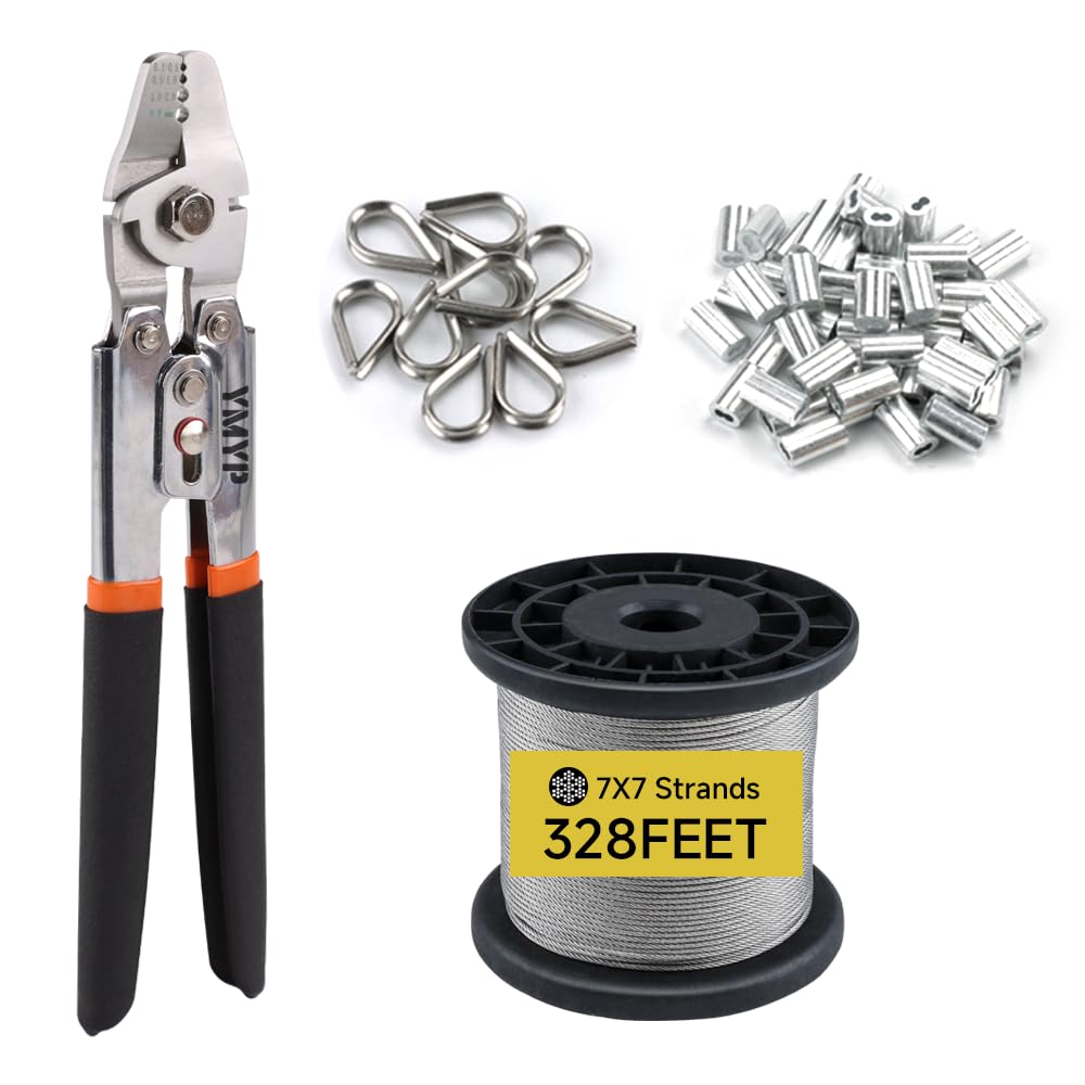 YMYP 2.2mm Wire Rope Crimping Tool with 100m 1/16’’ Stainless Steel Wire Rope Kit,200Pcs M1.5 Aluminum Double Barrel Ferrule and 50Pcs Stainless Steel Thimbles, Swaging Tool with Cutting Function