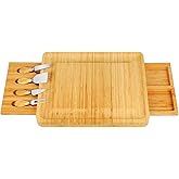 Bamboo Cheese Board with Cheese Tools, Cheese Plate Charcuterie Board Platter Set Serving Tray for Wine Cracker Brie and Meat, Large Thick Wooden Server, Fancy House Warming Gift for Gourmets
