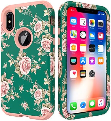 iPhone XS Flowers Case,VSCase(TM) 3in1 [Shockproof] Drop-Protection Hybrid Impact Defender Heavy Duty Full-Body Case Cover for Apple iPhone X 2017 / iPhone XS 2018 - Rose Gold