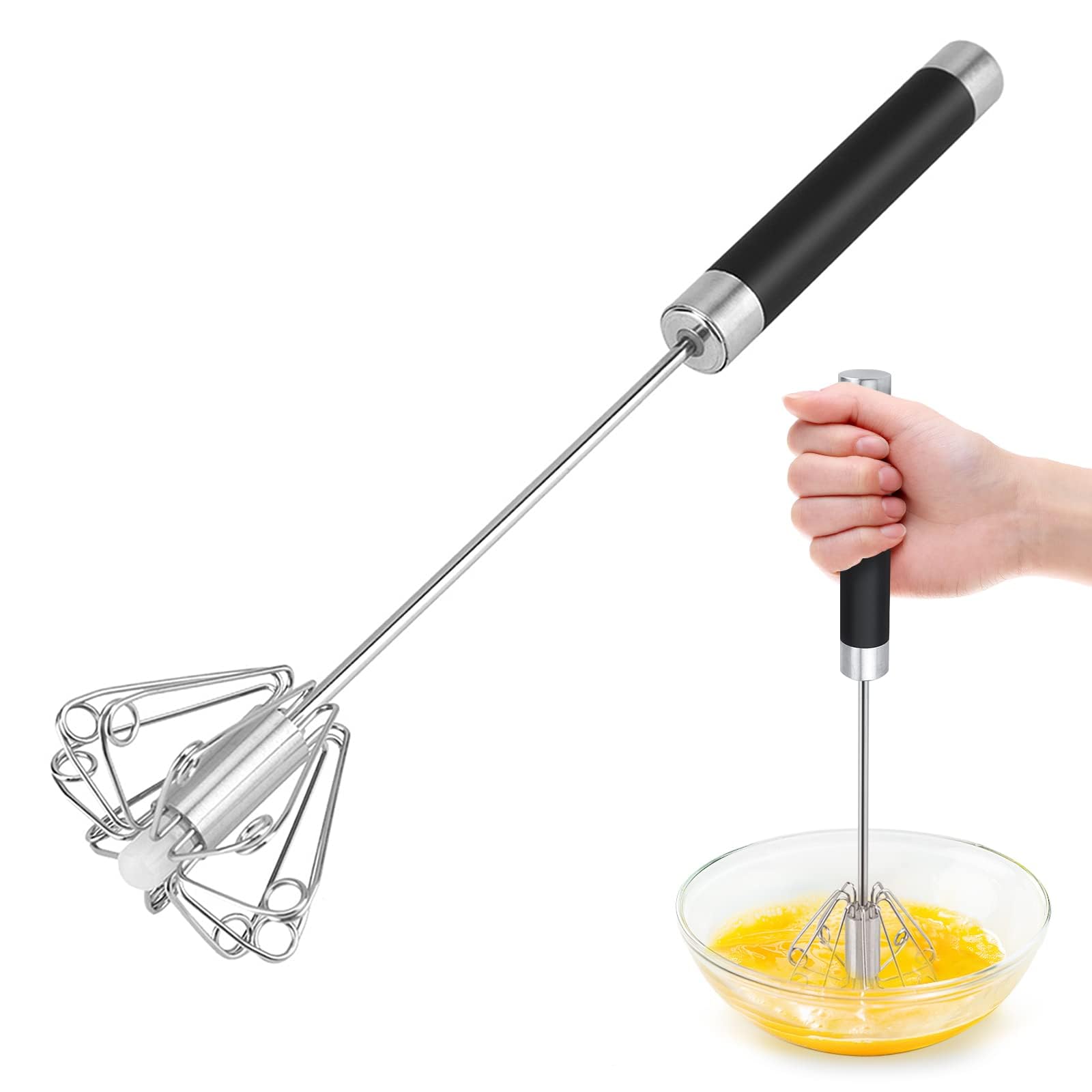 Wenrecu Semi-Automatic Spin Rotary Whisk and Hand Push Egg Beater, Stainless Steel Hand Baking Mixer, Cooking Utensils for Blending, Whisking, Beating