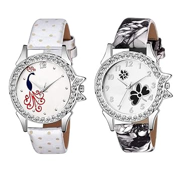 Swadesi Stuff Stylish Leather Strap Multi Color Watch for Women & Girls 2a (Combo of 2 Watches)