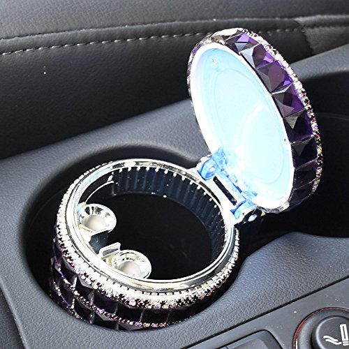 Follicomfy Bling Travel Crystal Diamond Auto Car Cigarette Ashtray Ash with Blue LED Light Smokeless Stand Cylinder Cup Holder,Purple - Thumbnail 3