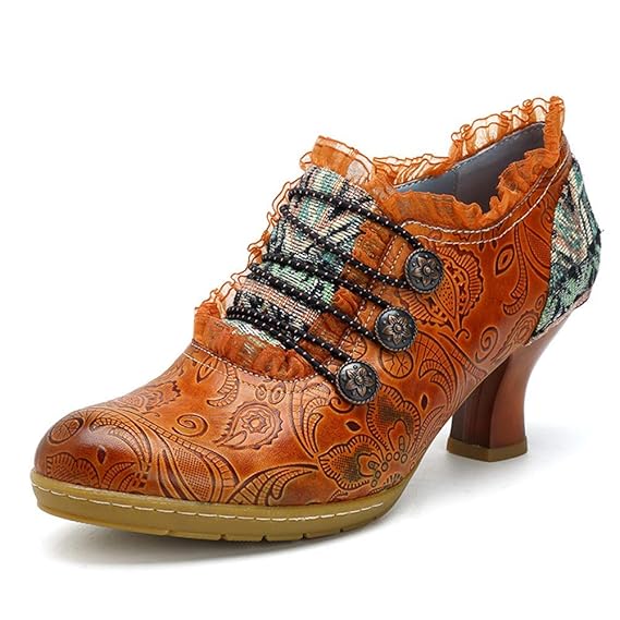 Damen Mid-Heeled Schuhe, Popoti Leder Schuhe mit Absatz High Heels Retro Lace Pumps Mokassins Ankle Boots Herbst Handgefertig