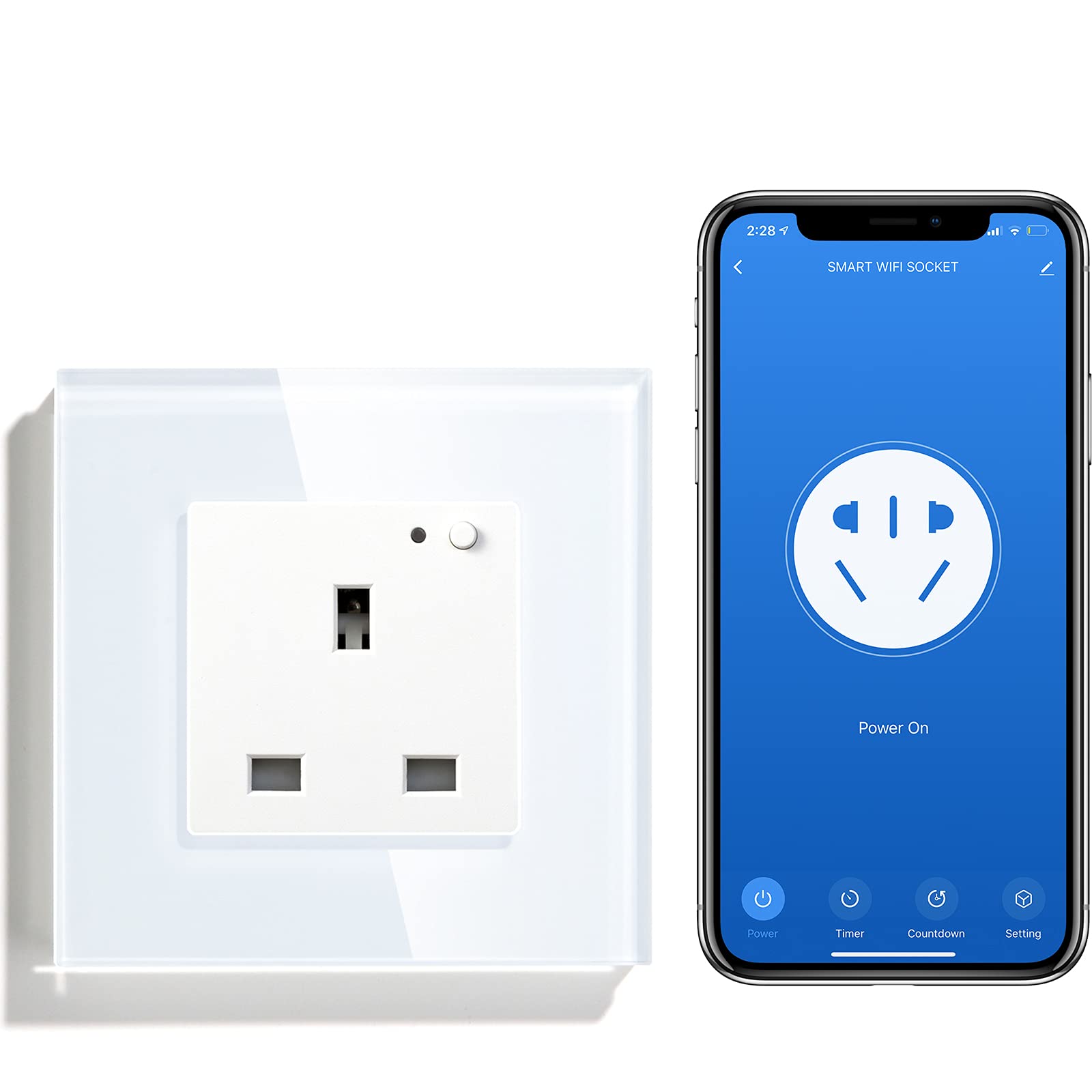 BSEED WiFi Smart Socket Single Pole Alexa Switched Socket White Indicator On/Off Switch Button 86mm Termpered Glass Panel 1 Gang 1 Way Alexa/Google/Echo Dot Embedded Wall Outlet
