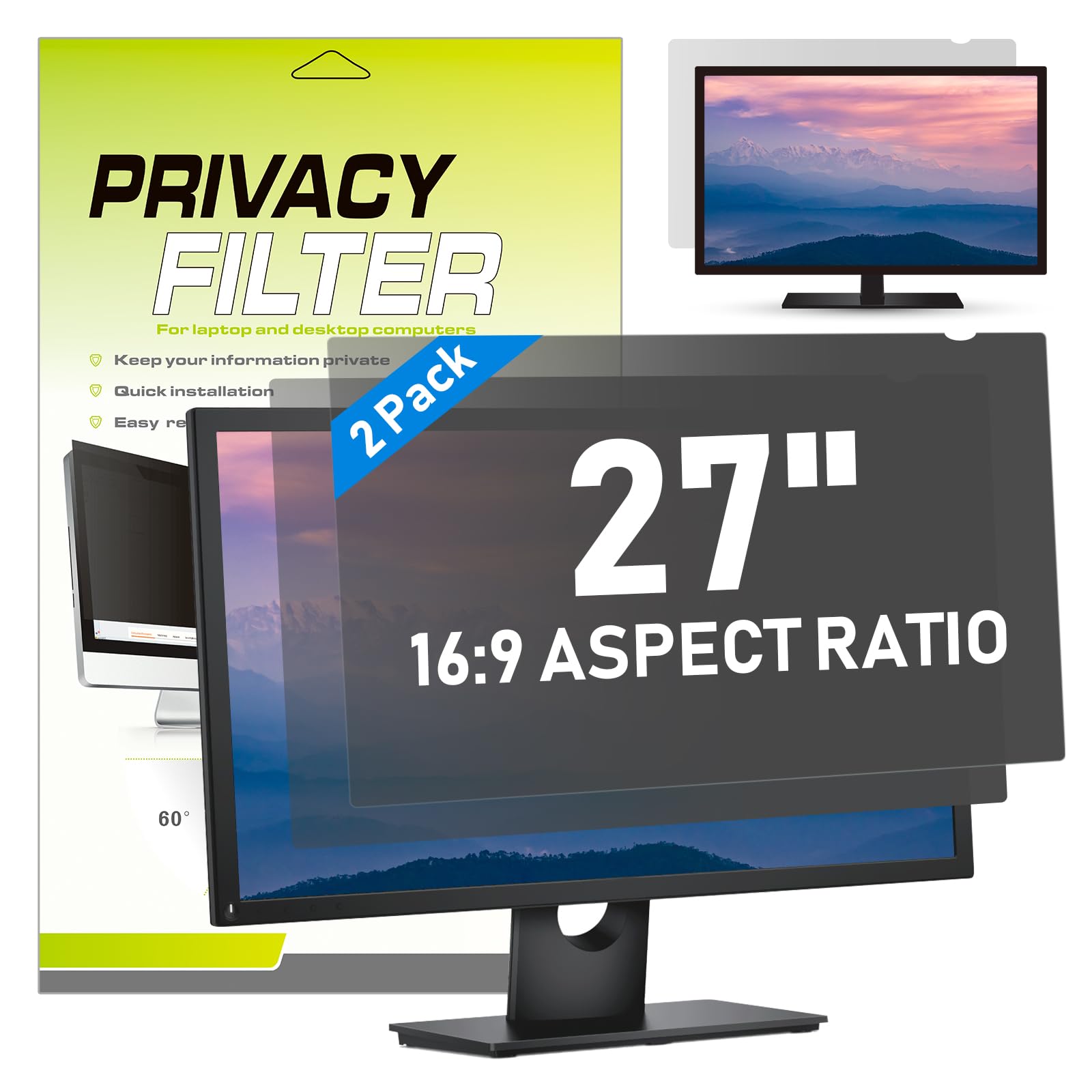LAMA 2 PACK 27 Inch Universal Computer Privacy Screen Filter for 27" Monitor, Anti-Blue Light/Anti-Glare&UV, Privacy Screen Protector (WxH:23.54"x13.26"), Eye Protection(16:9)