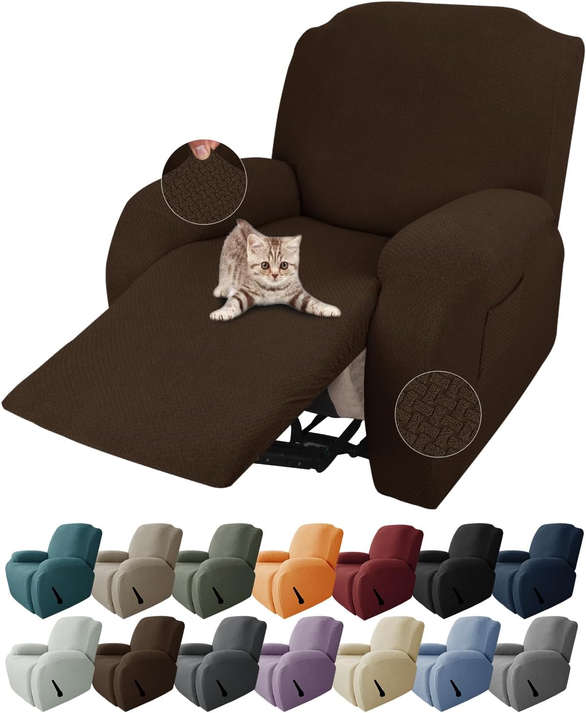 Slipcovers - JIVINER 4-Piece Recliner Chair Covers Stretch Jacquard Chair Covers for Reclining Chair Recliner Slipcovers for Living Room Soft Recliner Protector with Pocket (Recliner,Dark Coffee)