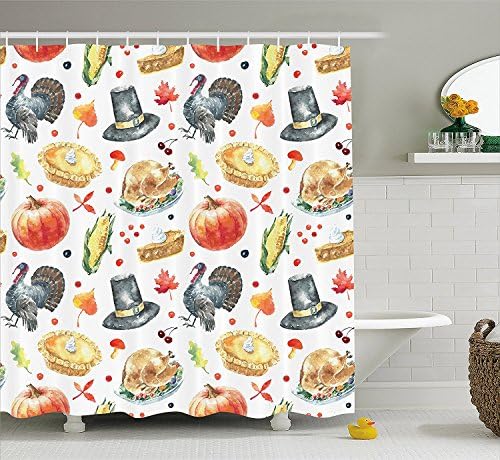 Yomyceo Thanksgiving Shower Curtain by, Watercolor Composition of Family Dinner Food Traditional Holiday Hand Drawn, Fabric Bathroom Decor Set with Hooks, 60W X 72L Inches, Multicolor