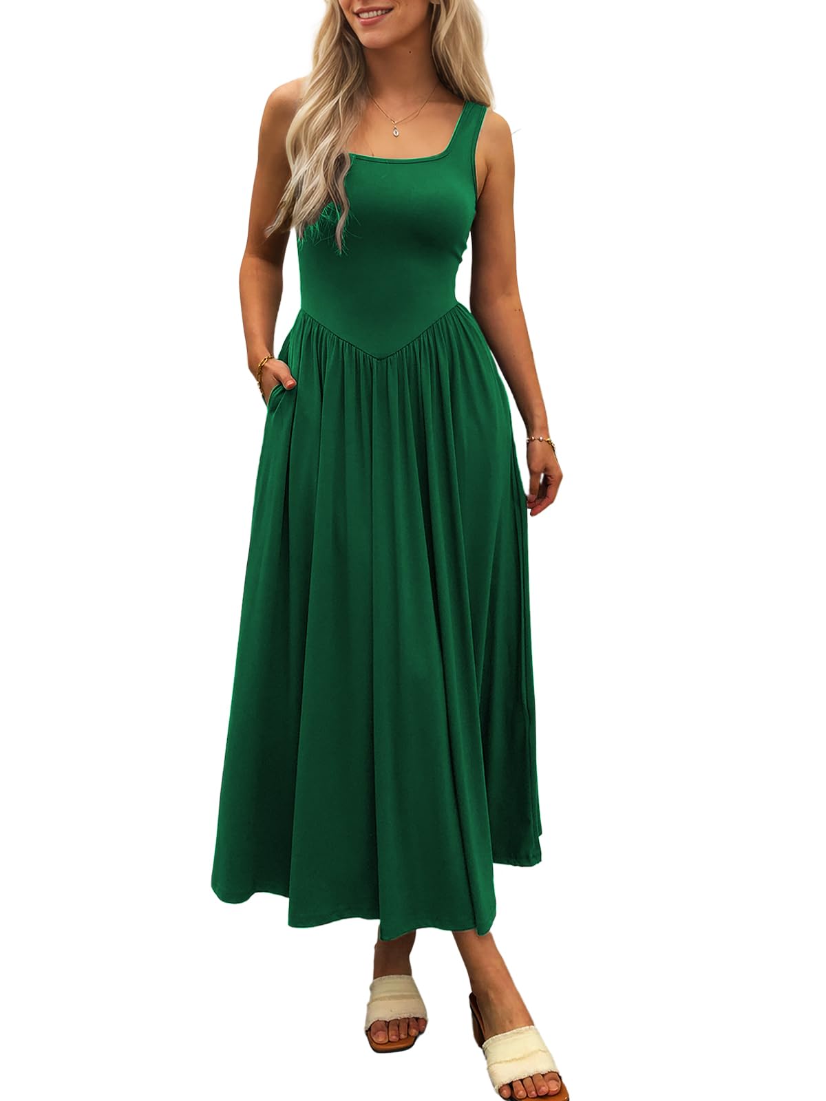 Photo 1 of Mieazom Women's Summer Maxi Dress 2025 - Sleeveless Square Neck Casual Beach Sundress with Pockets, Flowy Patchwork Knit Dark Green M