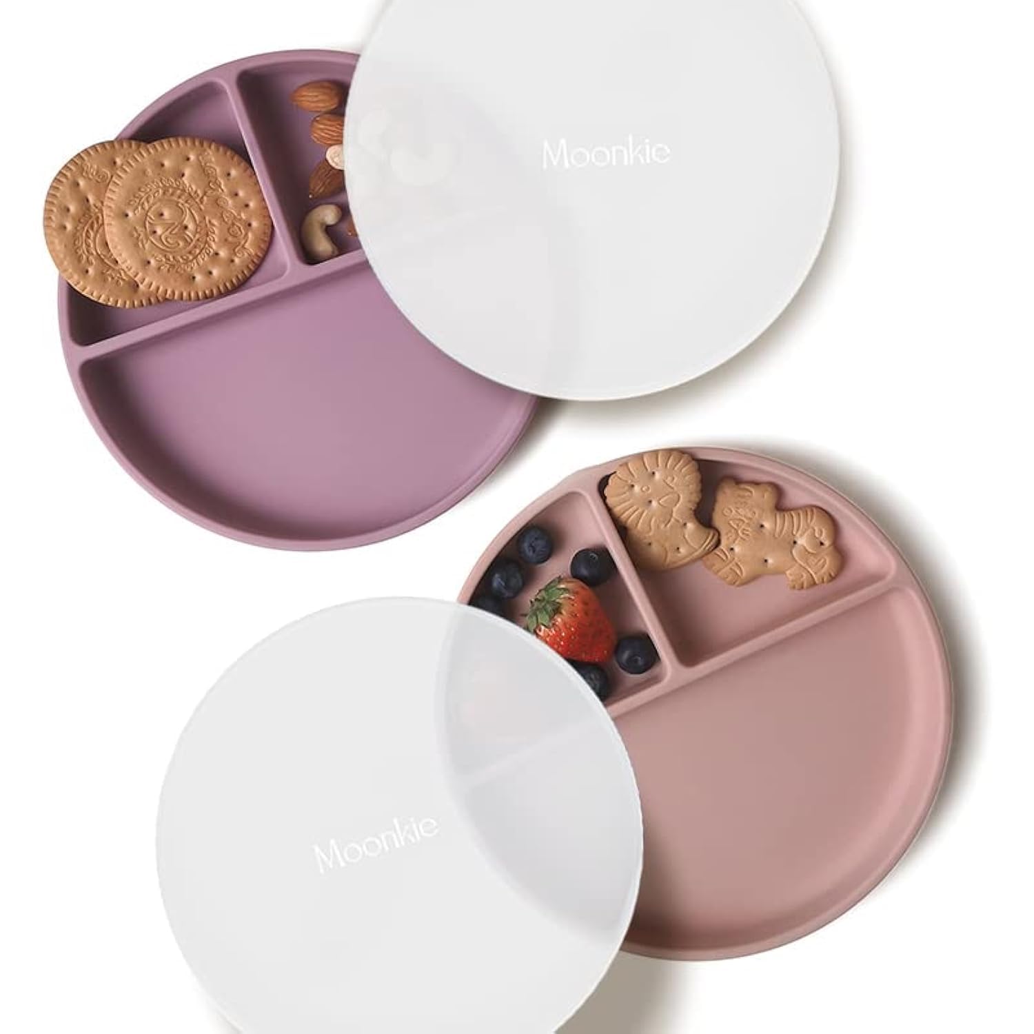Moonkie Suction Plates for Babies & Toddlers | BPA-Free Weaning Plate with Lid | Silicone Divided Plate | Microwave and Dishwasher Safe - 2 Pack (Pale Mauve/Blush)
