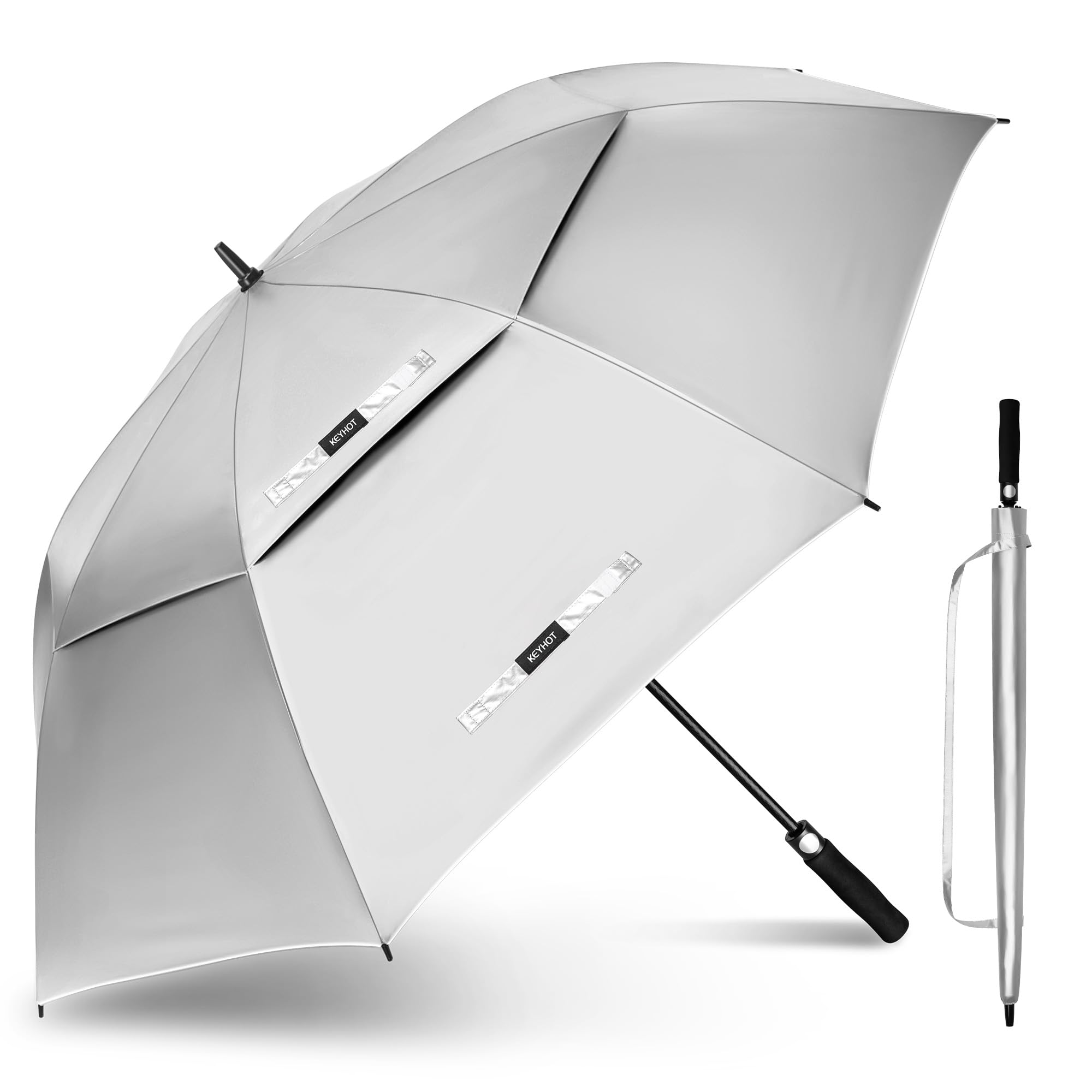 KEYHOT UV Golf Umbrella for Sun Protection 62 Inch, UV Double Canopy Golf Umbrellas Large Windproof Strong Mens Women (Silver/Black)