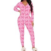 Nicoxijia Women Valentine's Bodycon Pajama Jumpsuit V Neck Long Sleeve Button One Piece Rompers Overall Sleepwear Loungewear