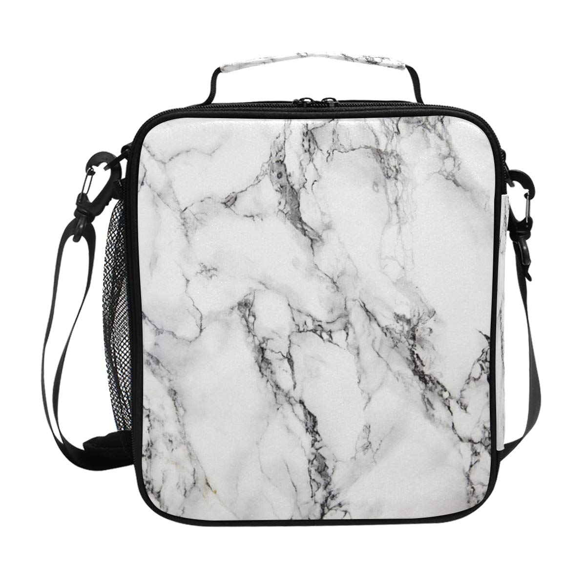 FFY Go Girls Marble Lunch Bags White Marble Stone Large Insulated Lunch Box Tote Bag Cold Thermal Freezable Shoulder Strap for Kids Teen Women School Work