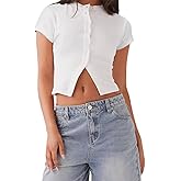 Women Button Down Short Sleeve Top Summer Ribbed Crew Neck Slim Fit Shirt Casual Solid Color Crop Tee