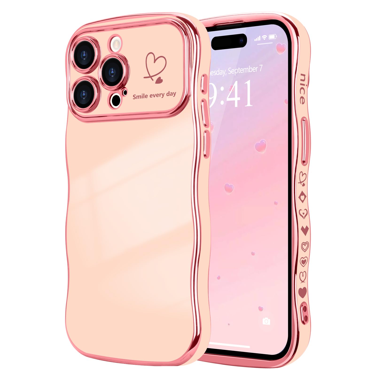 LCHULLE for iPhone 15 Pro Max Case for Women Girls,Cute Curly Wave Frame Shape Love Heart Pattern Phone Case,Raised Camera Protection Plating Shockproof Cover for iPhone 15 Pro Max 6.7",Pink — image 1