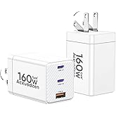 [2 Pack] USB C Charger Block 160W, 3-Port GaN Super Fast Charger, Dual 65W Type C Charging Block, Foldable QC3.0 Laptop Fast Charging for MacBook, iPhone, Samsung, Galaxy, iPad, Android, White