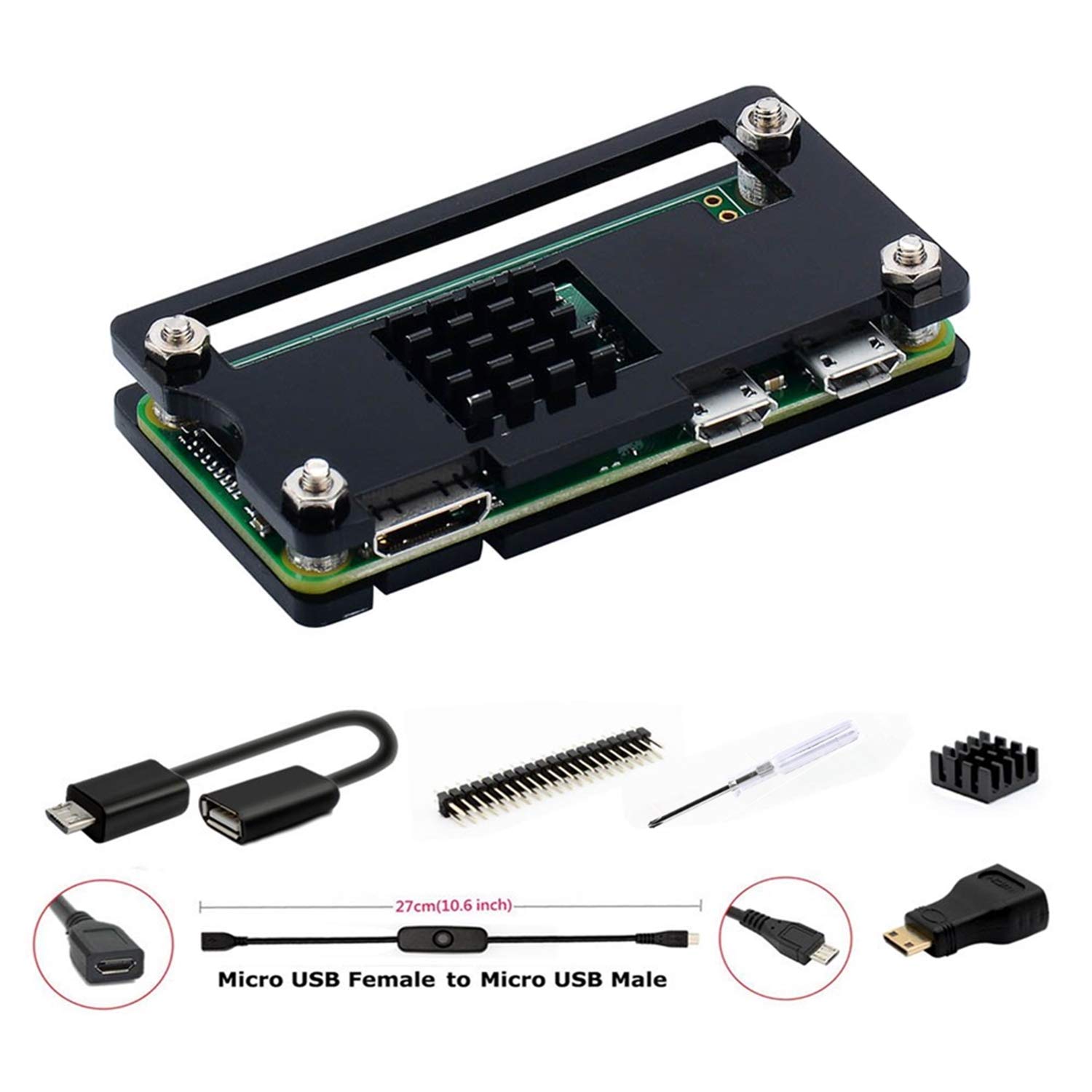 GeeekPi Case Kit for Raspberry Pi Zero 2 W/Zero/Zero W, 7 in 1 Basic Starter Kit with Acrylic Case, 20Pin GPIO Header, OTG Cable, Switch Cable, HDMI Adapter, Heatsink and Screwdriver (Black)