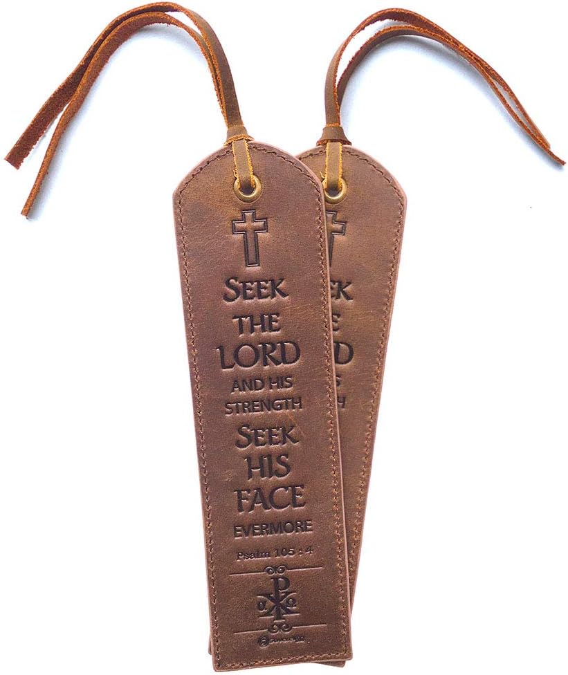 Leather Bible Bookmarks - 2 Leather Christian Bookmarks with Inspirational Bible Verse, Psalm 105:4