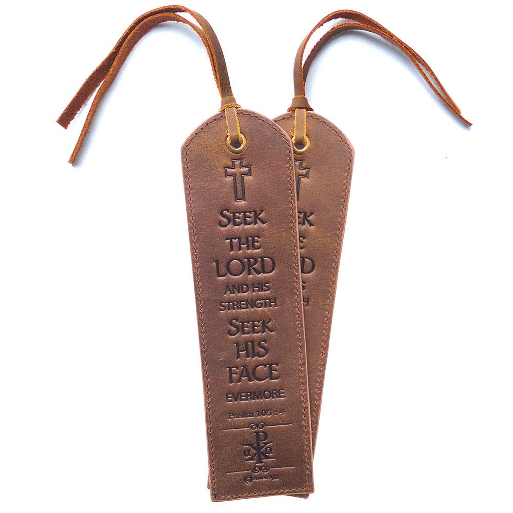 Leather Bible Bookmarks - 2 Leather Christian Bookmarks with Inspirational Bible Verse | Psalm 105: 4 Seek The Lord and His Strength | Religious Book Marker Gifts for Men, Women, Readers and Friends