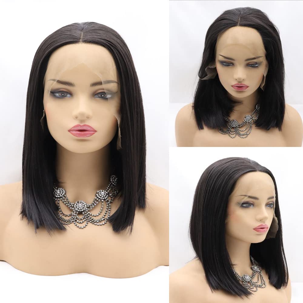 Xiweiya Short Cut hair Natural Wave 2# Black Synthetic Lace Front Wigs for Women Middle Part Black Brown Hair Heat Resistant Fiber Half Hand Tied 14Inch for Women