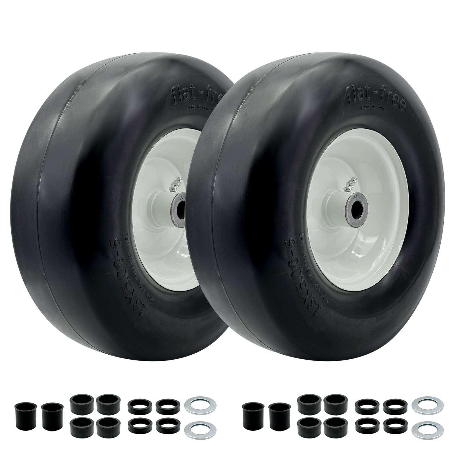Photo 1 of 2-Pack 13x5.00-6 Front Tire and Wheel Assembly For Riding Lawnmower with 3"-6"Centered Hub,3/4'' or 5/8''Sintered iron Bushing.Turf Tread. (13 x 5.00-6 Flat Free,Smooth Tread)