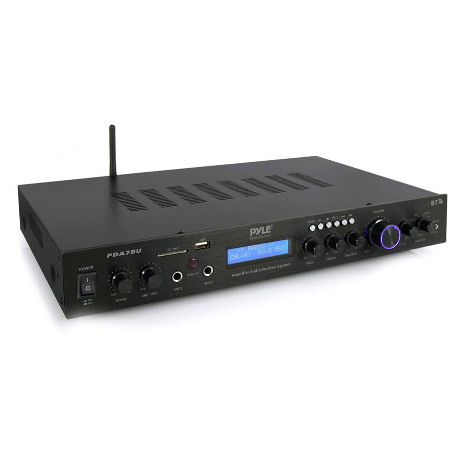 Amplificador de cine en casa Bluetooth Pyle - 200 vatios en 5 canales con salida de subwoofer, transmisión inalámbrica, USB/SD con reproductor de MP3, entrada RCA, radio FM, pantalla LCD - PDA7BU