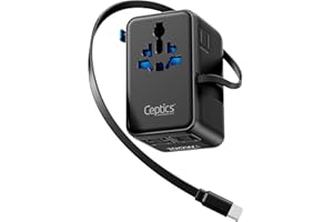 Ceptics GAN 100W Universal Travel Adapter with Retractable USB-C Cable, 2X USB-A & C, Universal Input and 1x USA/JP Input, 7 in 1 Universal Adapter for Worldwide Travel - Type A, C, G, I Output