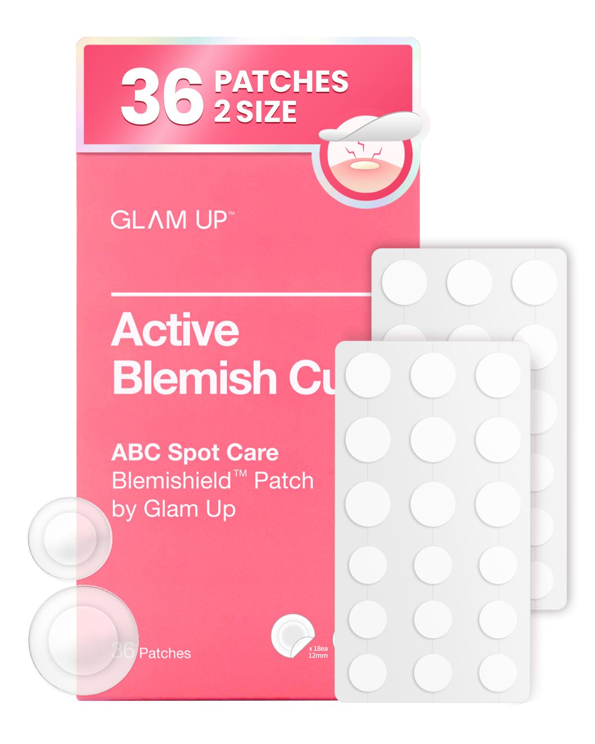 GLAM UP Hydrocolloid Blemish Pimple Zit Patches - Invisible Ultra Thin Spot Cover Stickers for Face and Skin, Strong Water-proof and Adhesive Overnight, Vegan-friendly (36 Count / 2 Sizes)