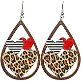 Valentines Day Love Heart Wooden Earrings Red Black Striped Plaid Lip Dangle Earrings Lightweight Cute Buffalo Leopard Printed Drop Earring for Women