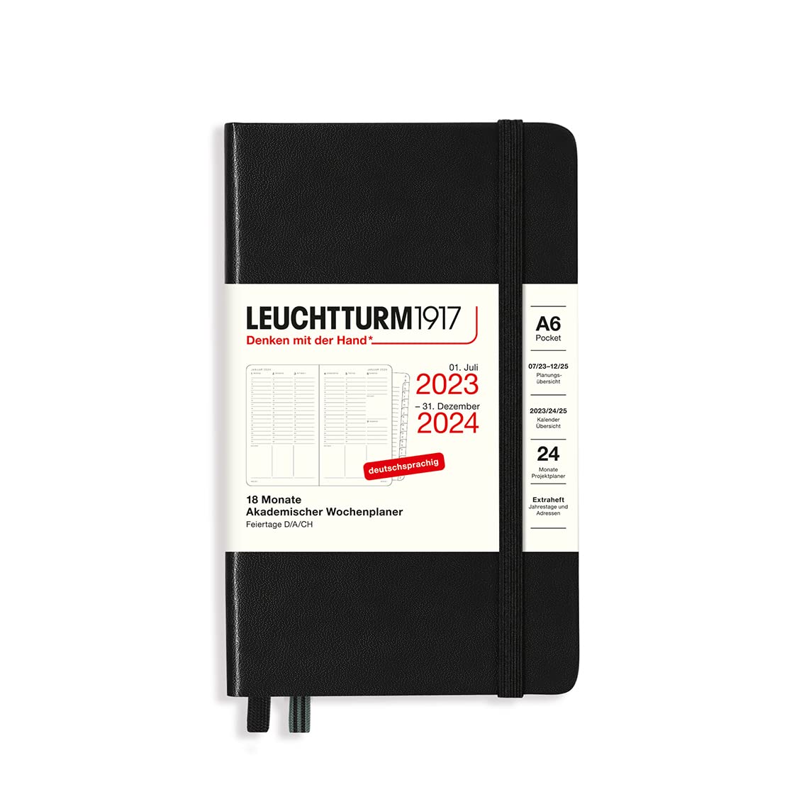 LEUCHTTURM1917 367558 Academic Weekly Planner Pocket (A6) 2024, 18 Months, Black, German